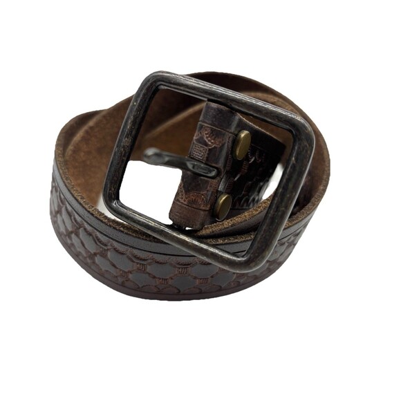 Lucky Brand Vtg Tooled Leather Belt Sz 30 Brown Textured Geometric  Western - Picture 1 of 8